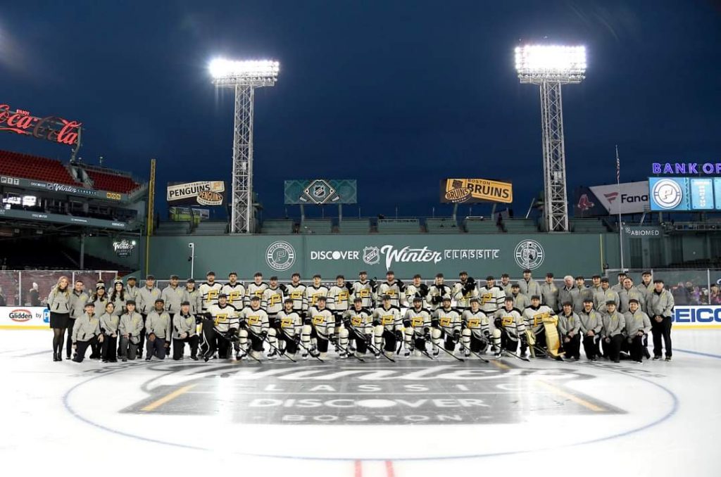 BOSTON, MASSACHUSETTS - JANUARY 01: The Pittsburgh Penguins pose for a team photo prior to practice for the NHL Winter Classic at Fenway Park on January 01, 2023 in Boston, Massachusetts. (Photo by Brian Babineau/NHLI via Getty Images)