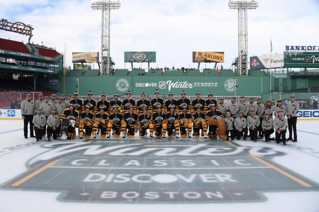 BOSTON, MASSACHUSETTS - JANUARY 1: The Boston Bruins pose for a team photo during practice at the 2023 Discover NHL Winter Classic at Fenway Park on January 1, 2023 in Boston, Massachusetts. (Photo by Steve Babineau/NHLI via Getty Images)
