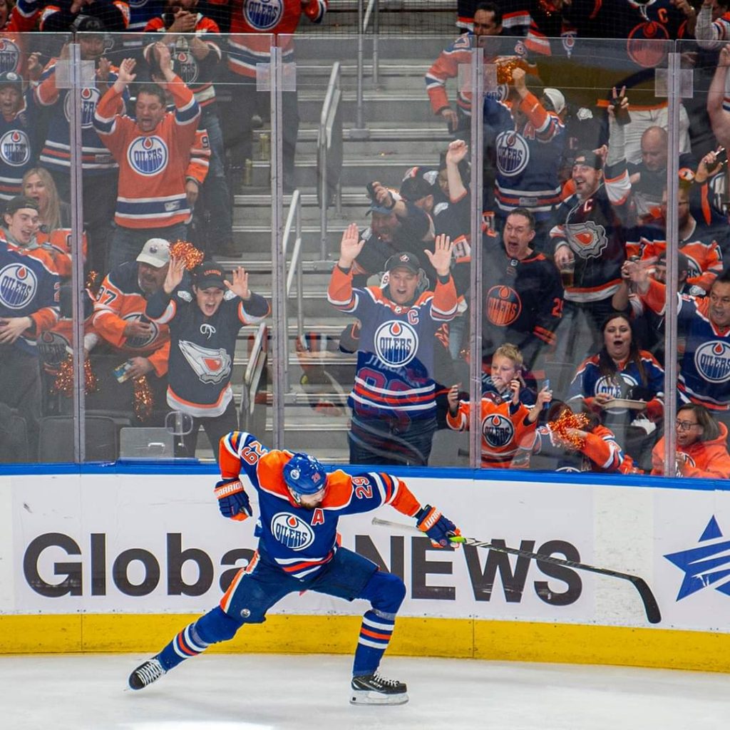 EDMONTON, ALBERTA - APRIL 17: Leon Draisaitl (29) of the Edmonton Oilers celebrates his goal during the third period against the Los Angeles Kings in Game One of the First Round of the 2023 Stanley Cup Playoffs at Rogers Place on April 17, 2023 in Edmonton, Alberta, Canada. (Photo by Paul Swanson/NHLI via Getty Images)