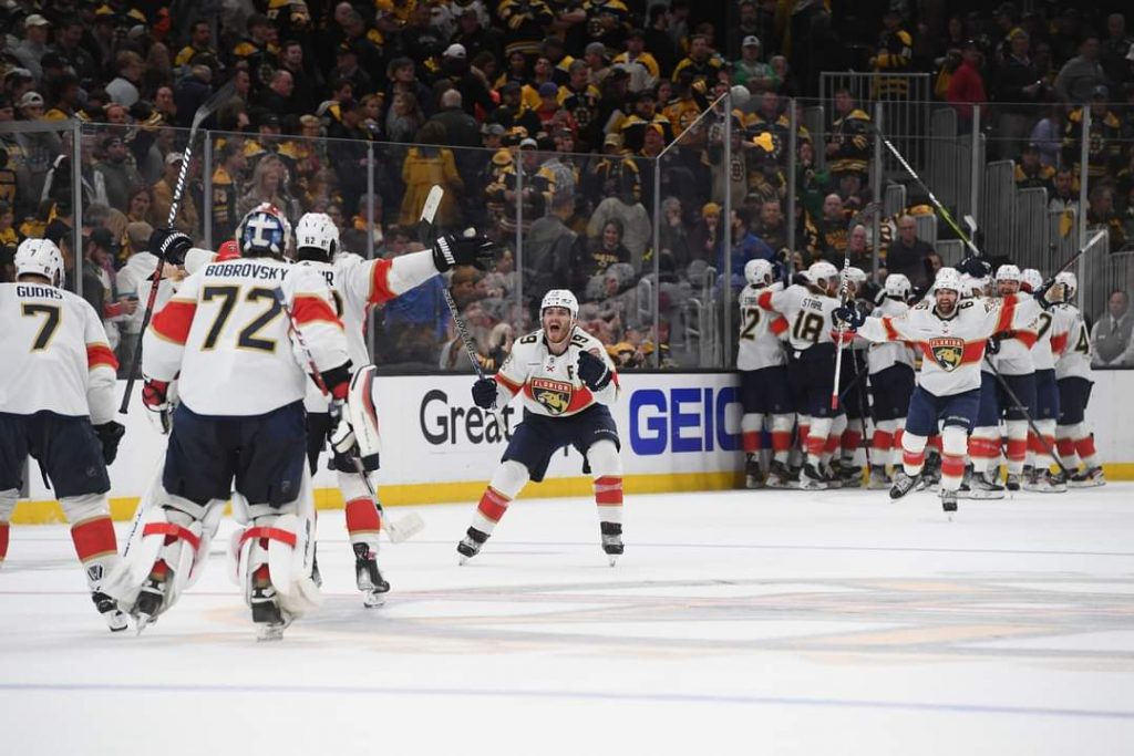 BOSTON, MASSACHUSETTS - APRIL 30: Matthew Tkachuk #19 of the Florida Panthers celebrates the overtime win against the Boston Bruins in Game Seven of the First Round of the 2023 Stanley Cup Playoffs at TD Garden on April 30, 2023, in Boston, Massachusetts. (Photo by Steve Babineau/NHLI via Getty Images)