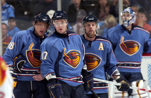 ATLANTA - OCTOBER 21:  (L-R) Marian Hossa #18, Ilya Kovalchuk #17, Niclas Havelid #28, and Goalie Kari Lehtonen #32 of the Atlanta Thrashers prepare for a face-off against the Florida Panthers at Philips Arena October 21, 2006 in Atlanta, Georgia. The Thrashers defeated the Panthers 4-2.  (Photo by Scott Cunningham/Getty Images)