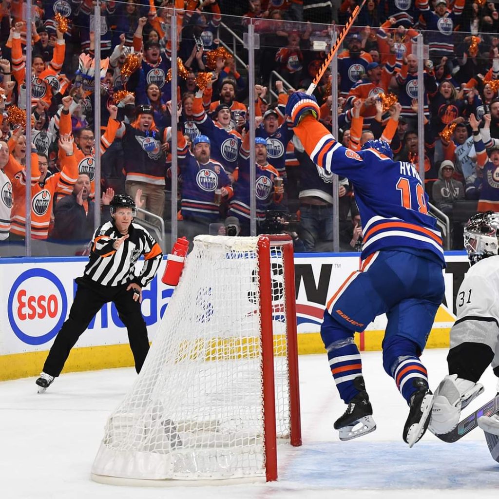 EDMONTON, CANADA - MAY 01: Zach Hyman #18 of the Edmonton Oilers celebrates his second-period goal against the Los Angeles Kings in Game Five of the First Round of the 2024 Stanley Cup Playoffs at Rogers Place on May 1, 2024, in Edmonton, Alberta, Canada. (Photo by Andy Devlin/NHLI via Getty Images)