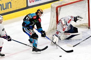Luka Maver (Steinbach Black Wings Linz) vot Tormann Rasmus Reijola (Hydro Fehervar AV 19), Win2Day ICE Hockey League,  Steinbach Black Wings Linz vs Tiwag Innsbruck - Hydro Fehervar AV 19