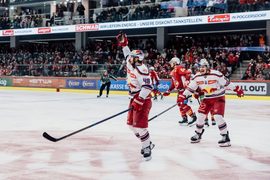 KLAGENFURT, AUSTRIA - APRIL 04: Lucas Thaler and Niki Kraus of EC Red Bull Salzburg during the win2day ICE Hockey League game KAC vs. EC Red Bull Salzburg on April 04, 2025 in Klagenfurt, Austria.  Photo by Gintare Karpaviciute - EC Red Bull Salzburg